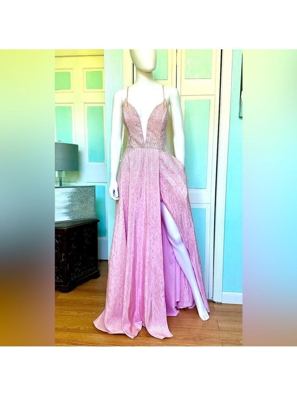 Size 10 Ellie Wilde EW122082 Pink High Slit Prom Gown Pageant Dress Open Back